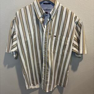 B.B. Classic Men’s Tan & White Striped Button Down Short Sleeve Shirt Size L